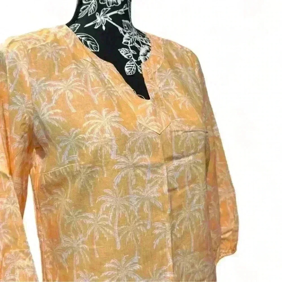 Coral Bay Golden Yellow/White Linen Palm Tree V-Neck Blouse-Women’s Small - Picture 4 of 5
